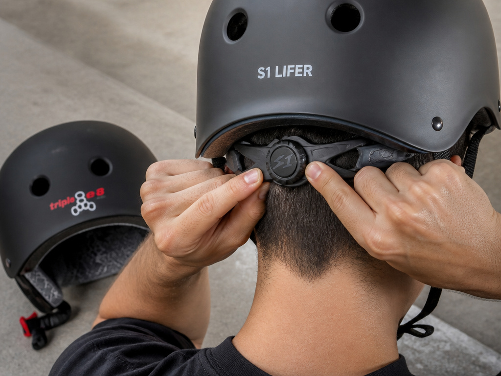 Close-up comparison of S1 and Triple 8 skate helmet fit systems from behind.