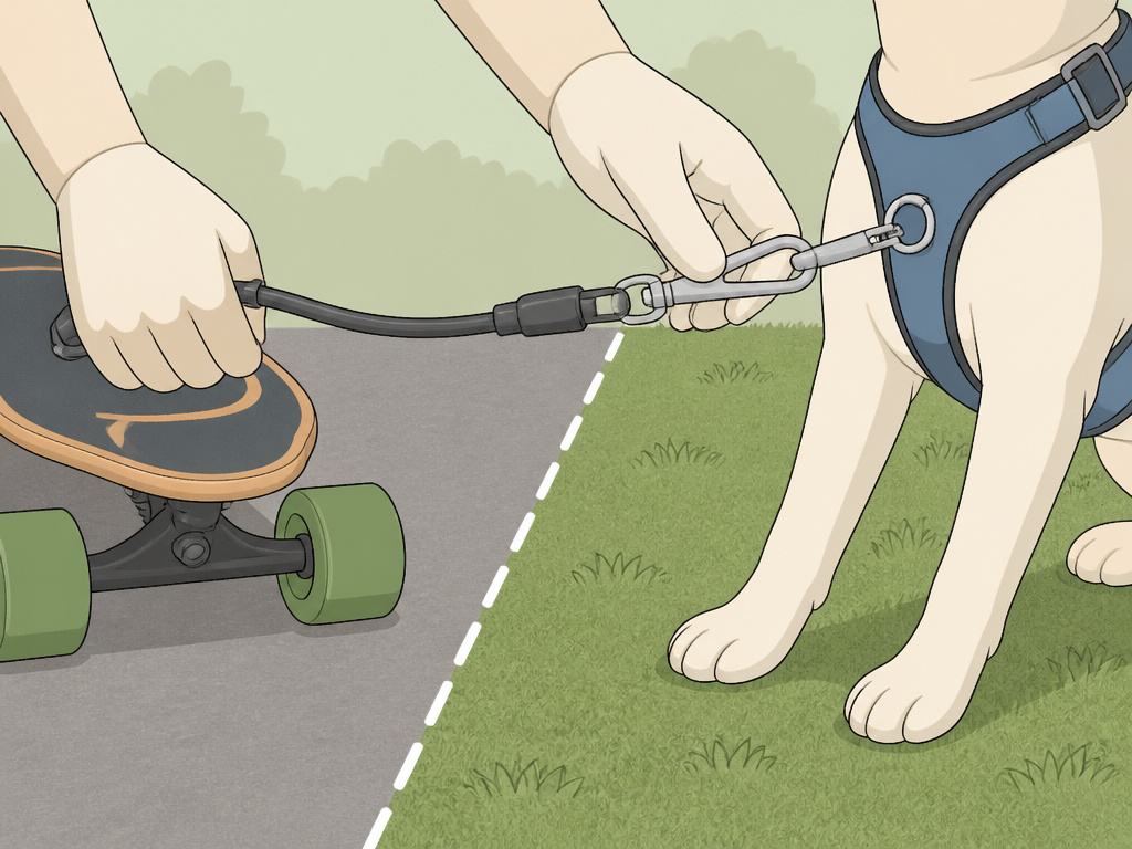 Dog longboarding transition from grass to pavement with harness and leash.