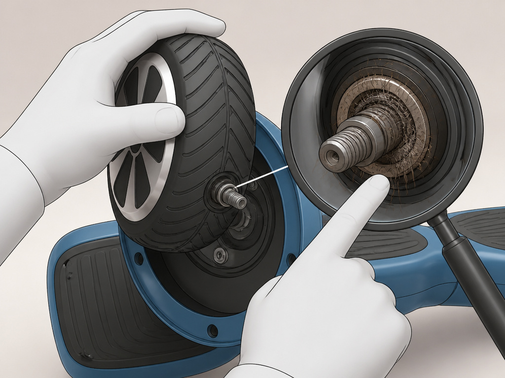 Troubleshooting hoverboard calibration by checking a wheel for debris and damage.