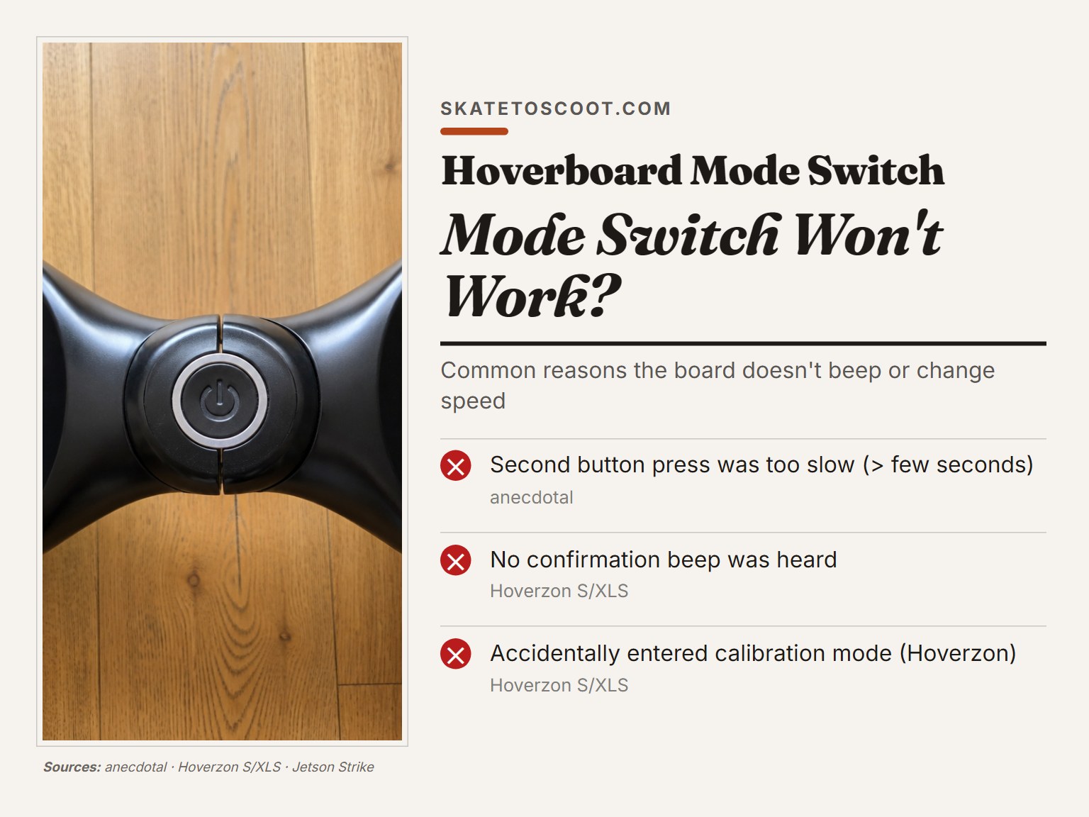 Close-up of a hoverboard power button for troubleshooting mode switch issues