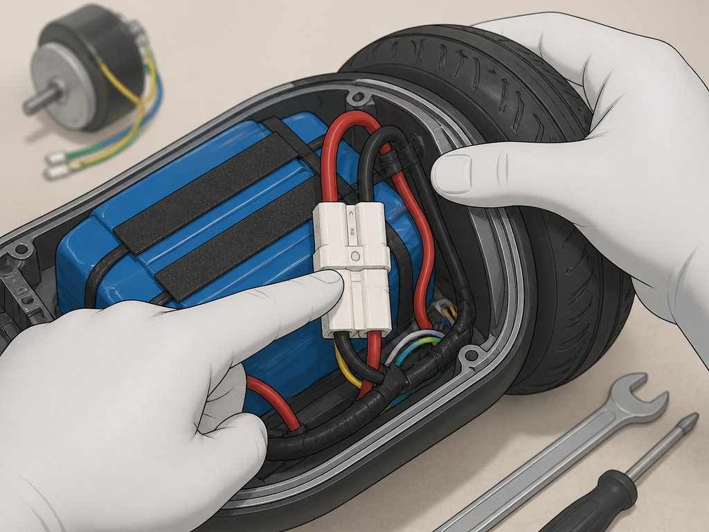 Close-up of checking battery connector after hoverboard battery replacement