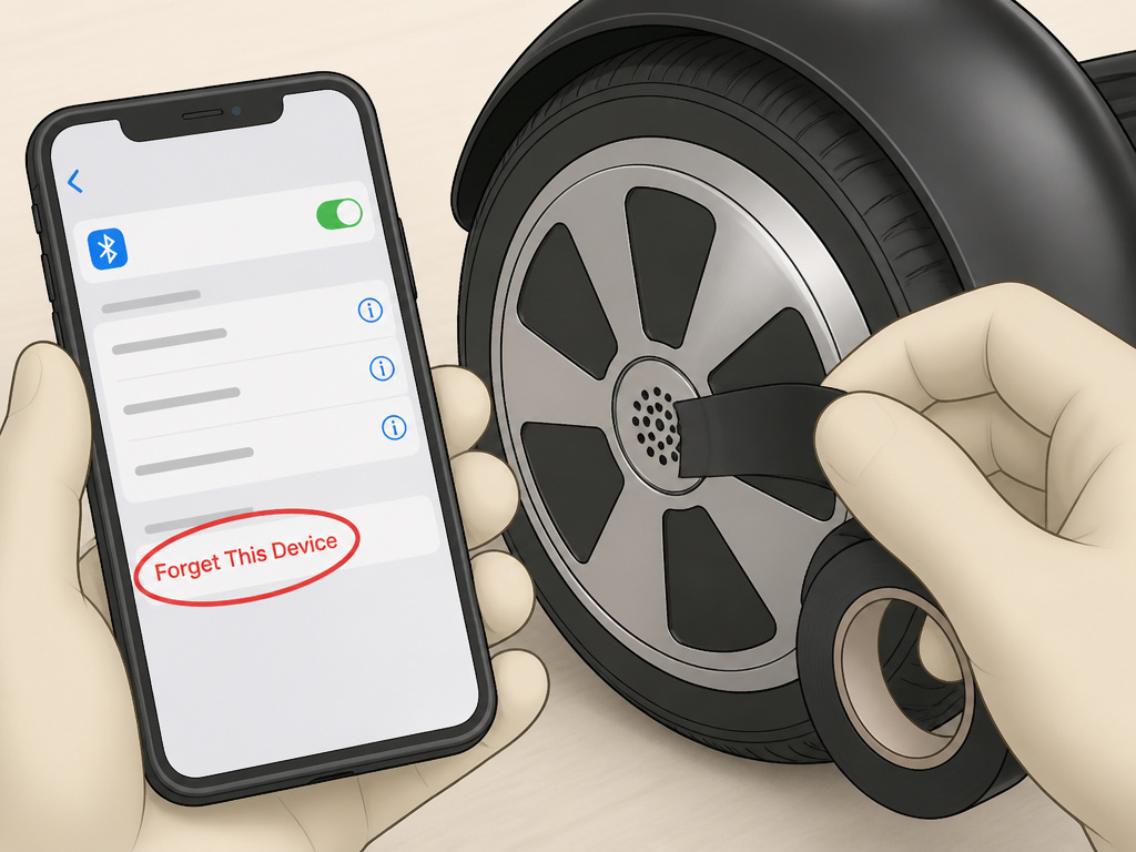 Troubleshooting Bluetooth hoverboard issues, forgetting device and taping speaker.
