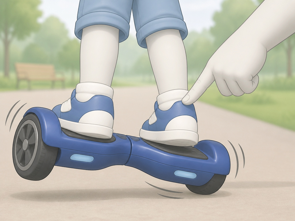 Child's feet correcting a hoverboard wobble by pressing heels down