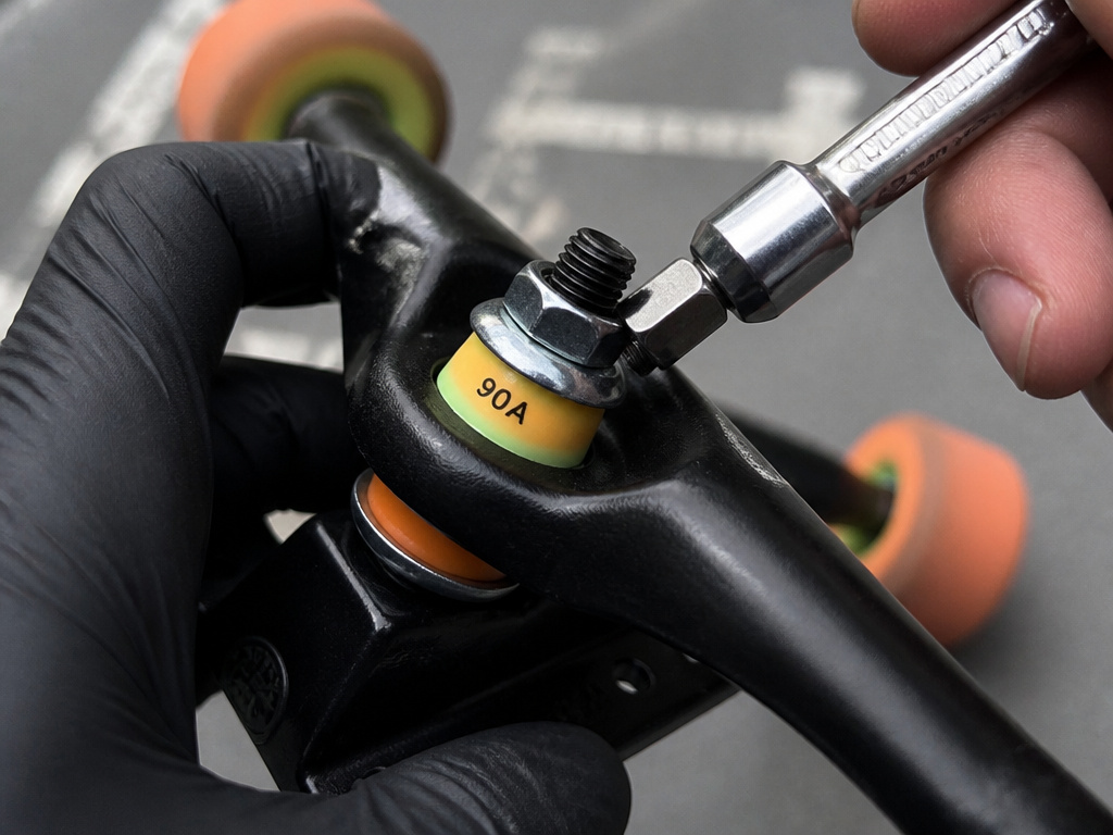 Close-up of adjusting longboard truck bushings for freeride sliding.