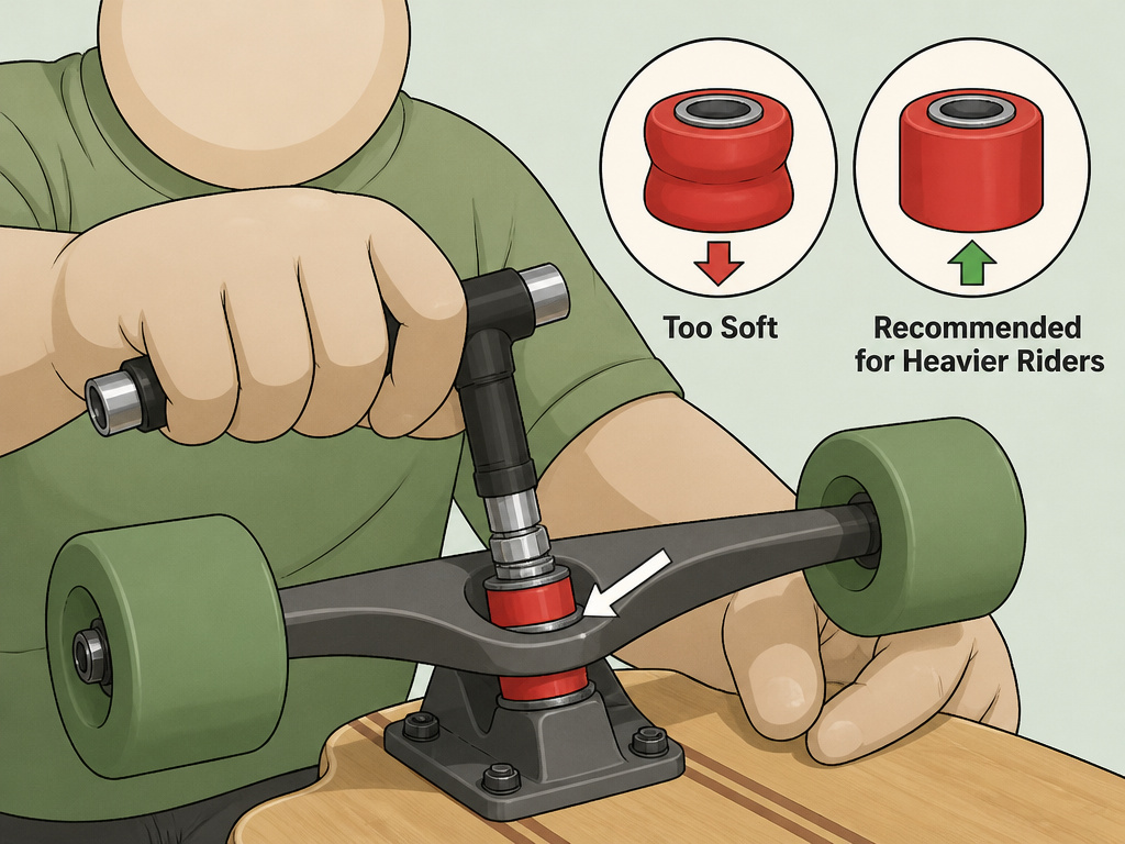 Heavier rider upgrading longboard bushings for stability, instructional diagram.