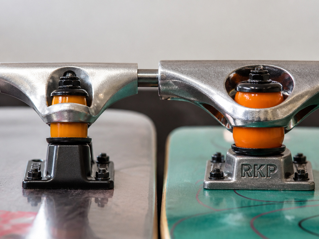 Side-by-side comparison of skateboard TKP trucks and longboard RKP trucks.