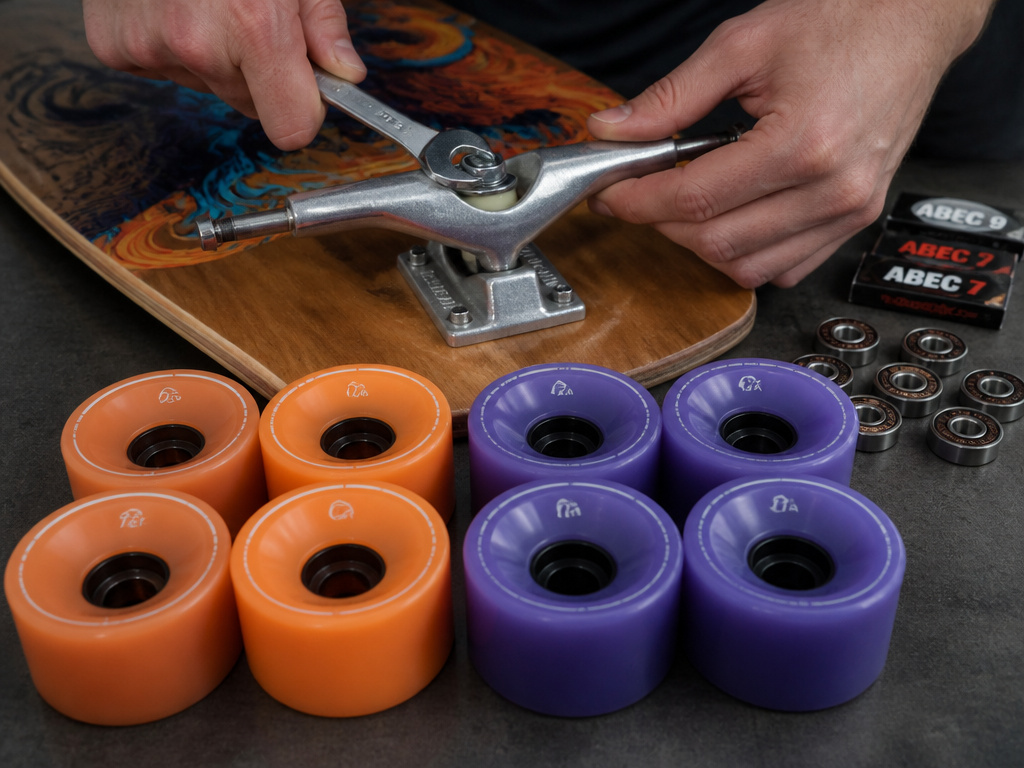Close-up of longboard trucks, wheels, and bearings being assembled for cost comparison.