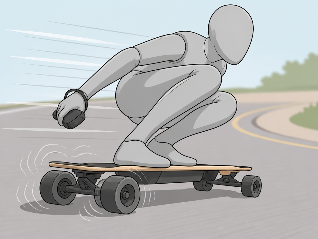Rider managing speed wobbles on an electric longboard by crouching low.