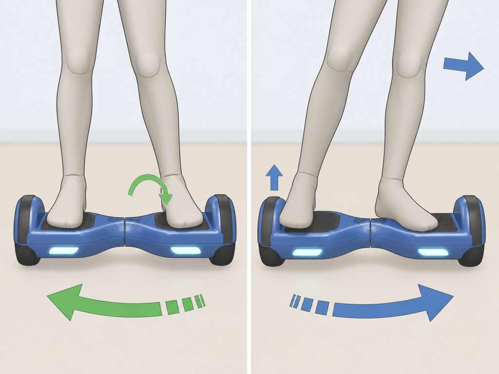 Cartoon diagram comparing foot twist versus body lean techniques for turning a hoverboard.