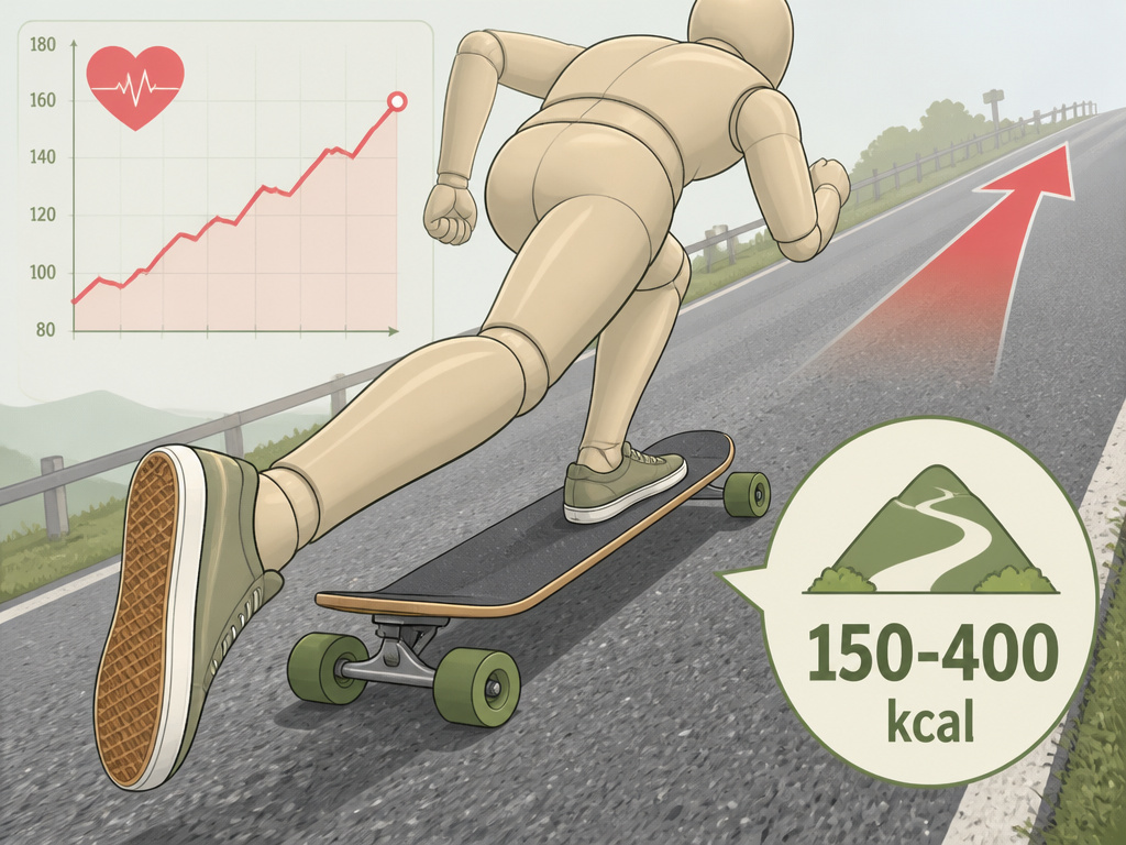 Longboarder pushing uphill for calorie burn, with heart rate and kcal data overlay.