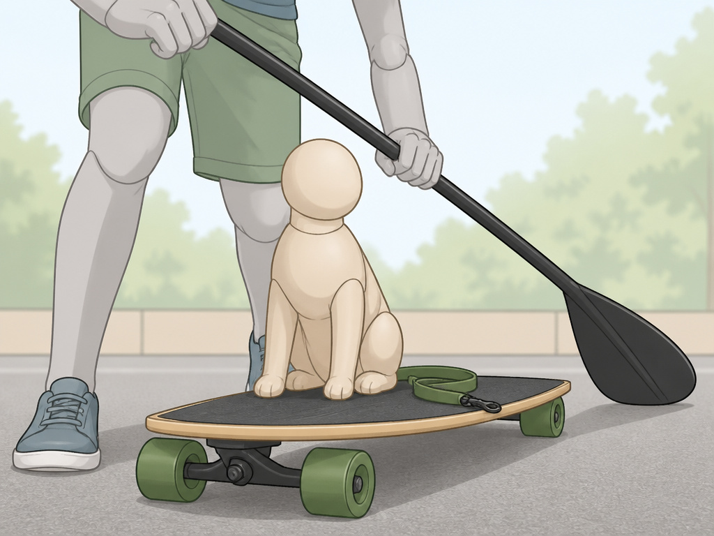 Small dog riding on a longboard propelled by a land paddle, loose leash.