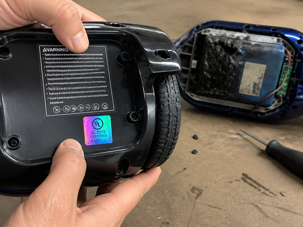Close-up of a UL 2272 holographic safety certification sticker on a hoverboard.