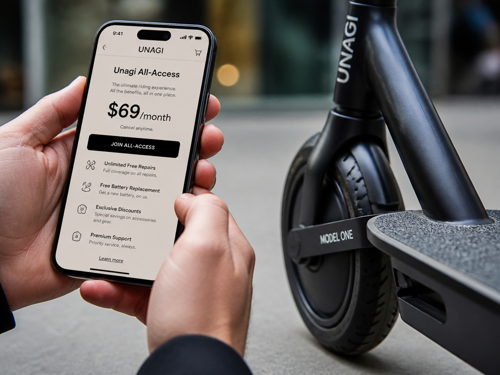 Unagi scooter subscription plan on a phone screen next to the vehicle