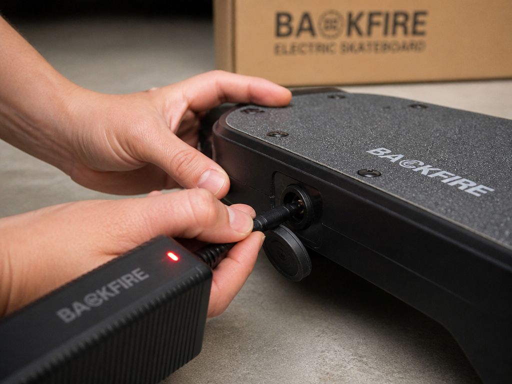 Charging a Backfire electric skateboard battery with included charger.
