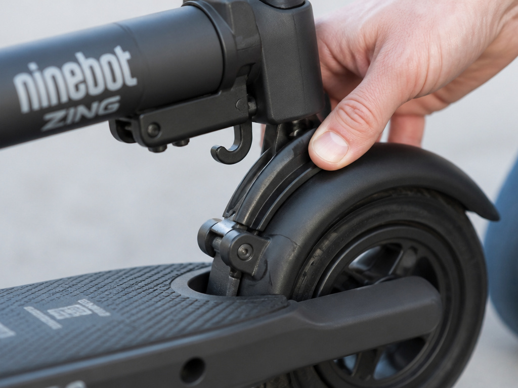 Close-up of pressing the fender brake to unlock a folded Ninebot scooter.