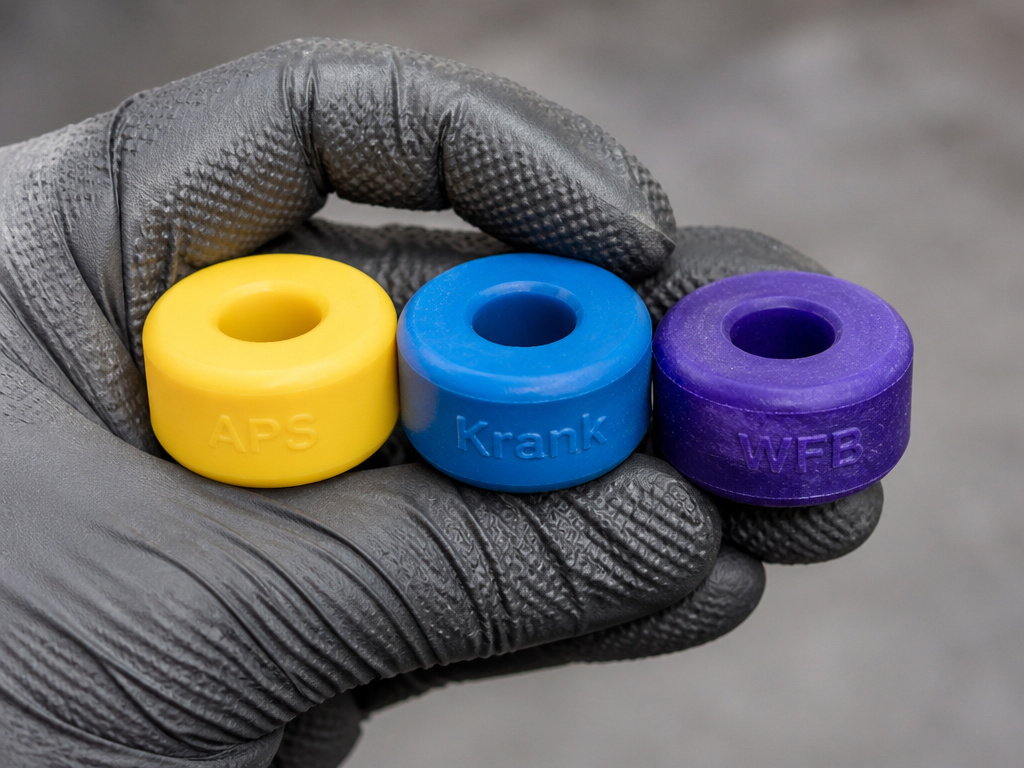 Comparing three colored longboard bushing formulas: APS, KranK, and WFB.