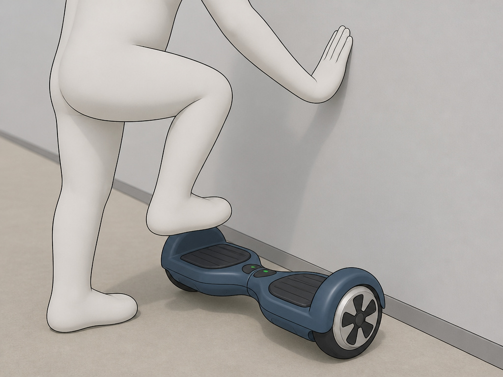 Beginner using a wall for support while stepping off a hoverboard safely.