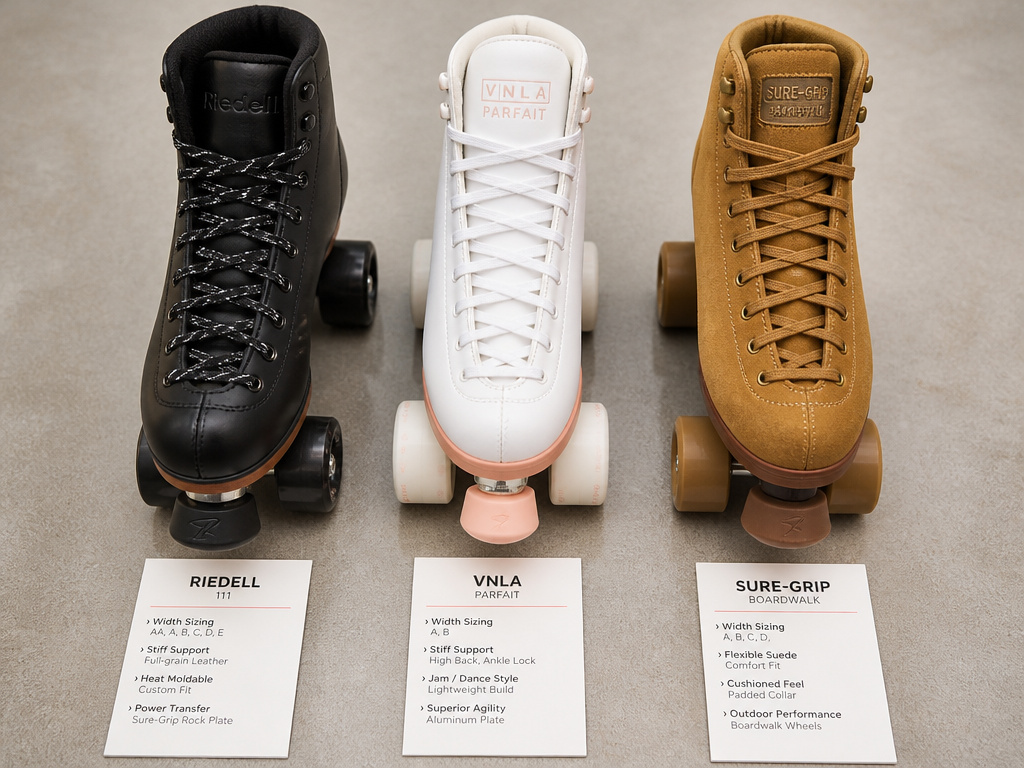 Comparison of VNLA, Riedell, and Sure-Grip roller skate boot styles and features.