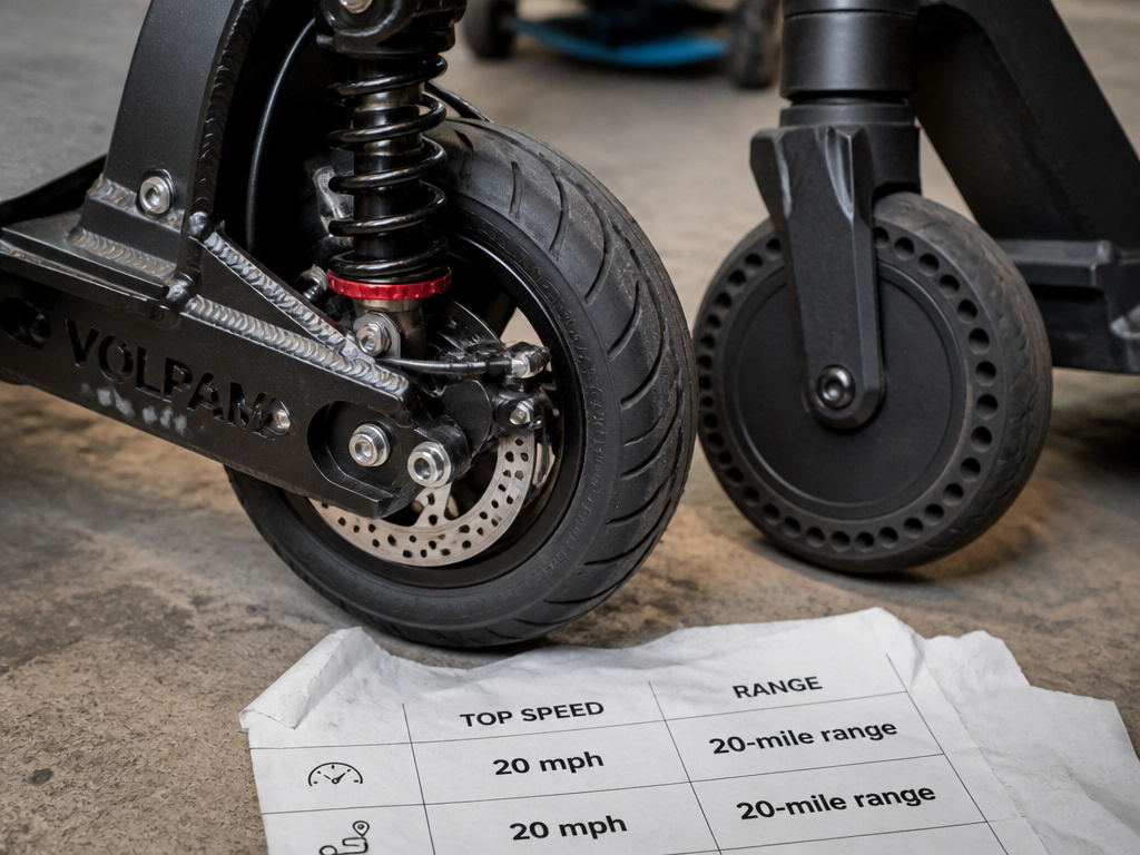 Volpam scooter dual suspension versus solid tire close-up comparison