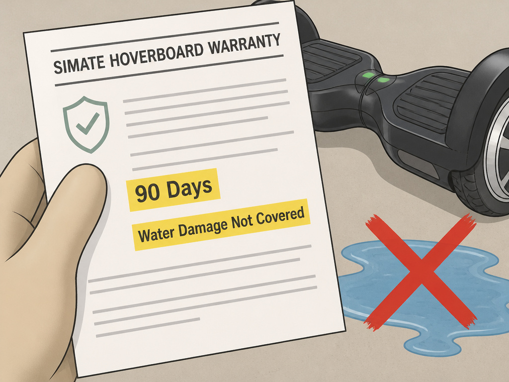 SIMATE hoverboard warranty document highlighting 90-day term and water damage exclusion.