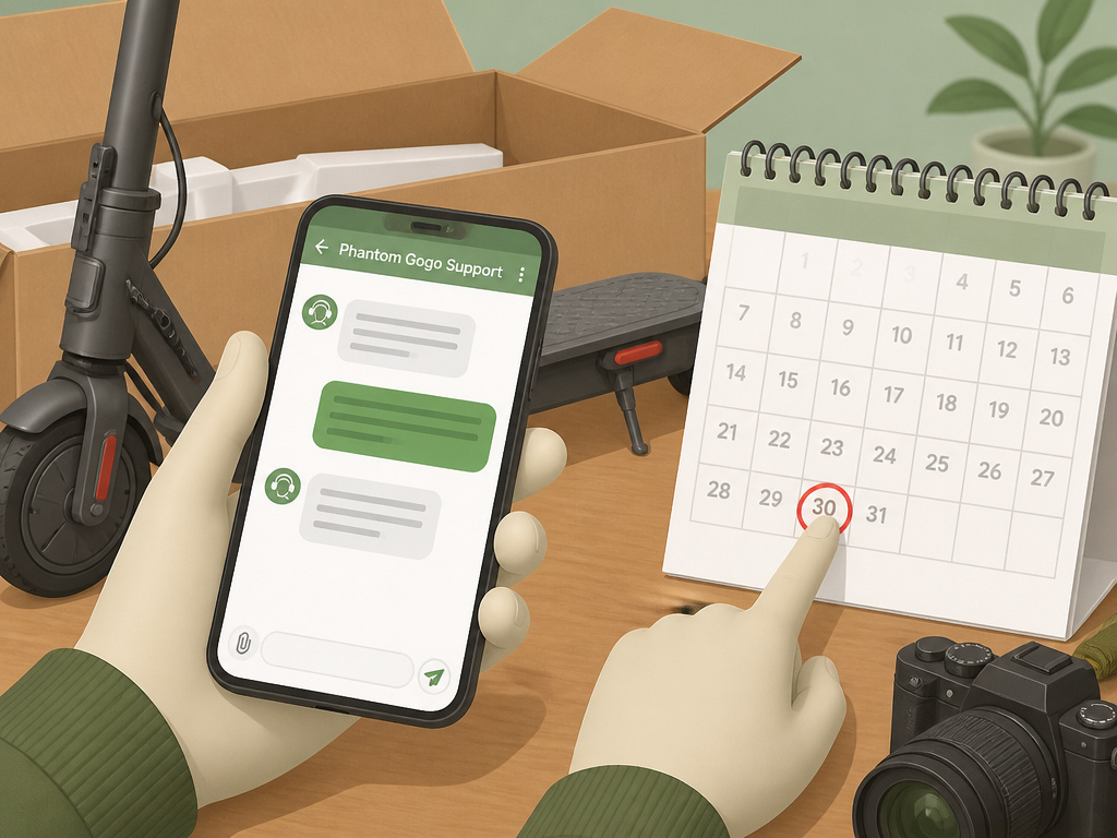 Phantom Gogo scooter warranty timeline and customer support process illustration