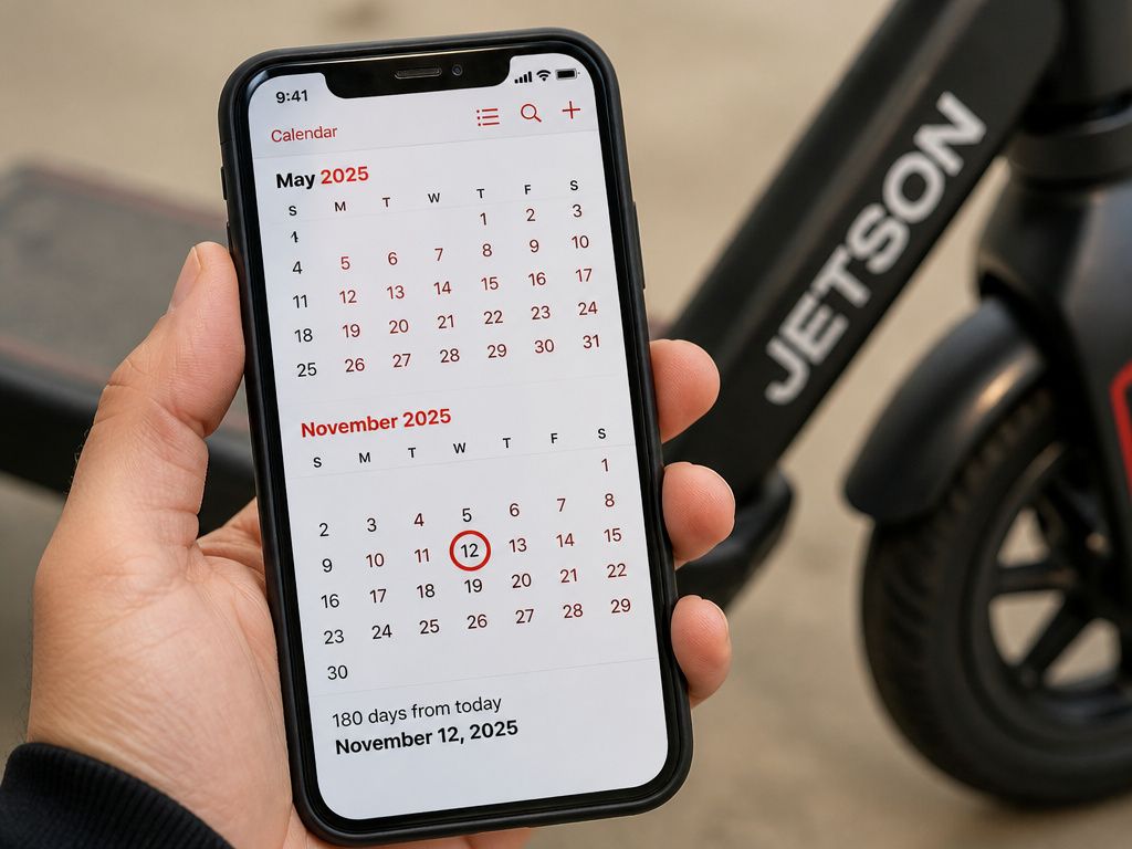Calendar marking Jetson scooter's 180-day warranty period next to scooter wheel