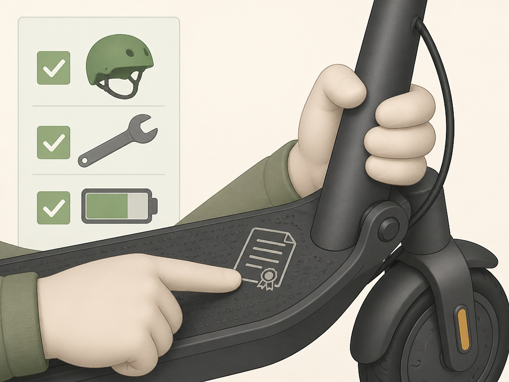 Cartoon of Kimi scooter warranty and parent safety checklist for kids