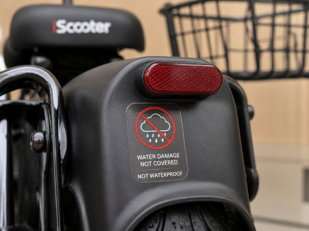 iScooter i14 warranty warning label detail highlighting water damage exclusion.