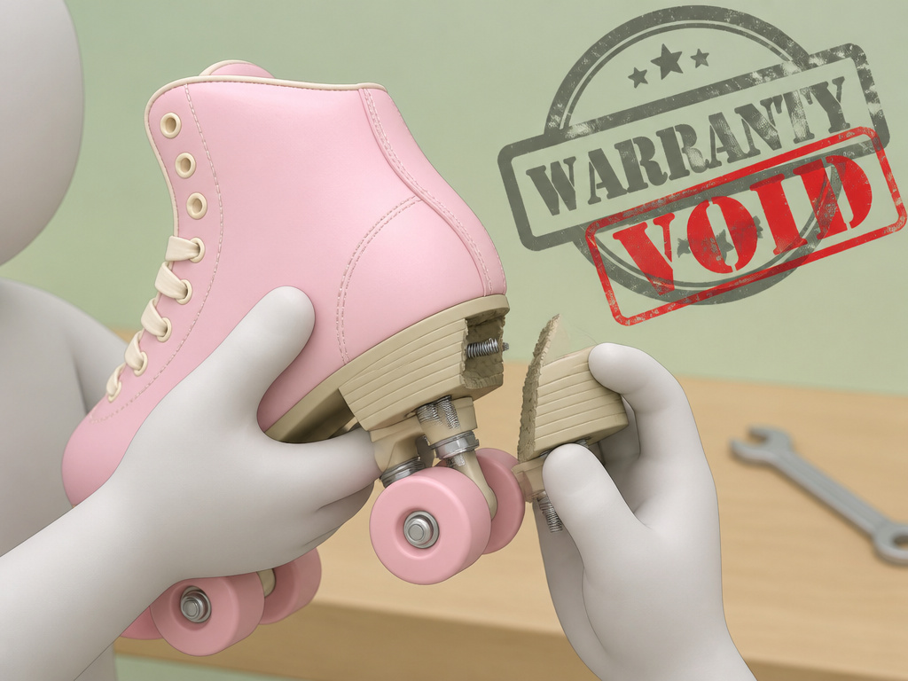 Impala skate warranty voided due to user repair, cartoon illustration