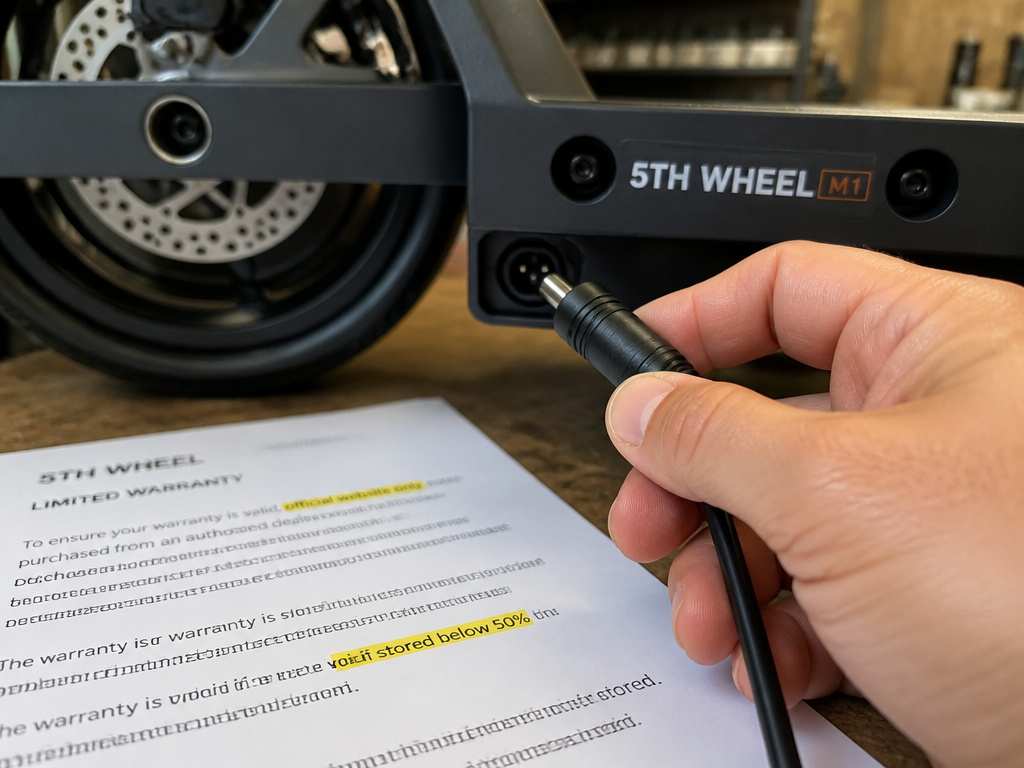 Close-up of 5th Wheel M1 scooter charger plug next to highlighted warranty document.