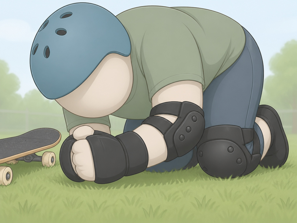 Plus-size skater practicing safe falling on grass with full protective gear