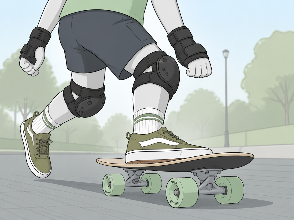 Cartoon of skateboarder pushing in safety gear for weight loss foundation.
