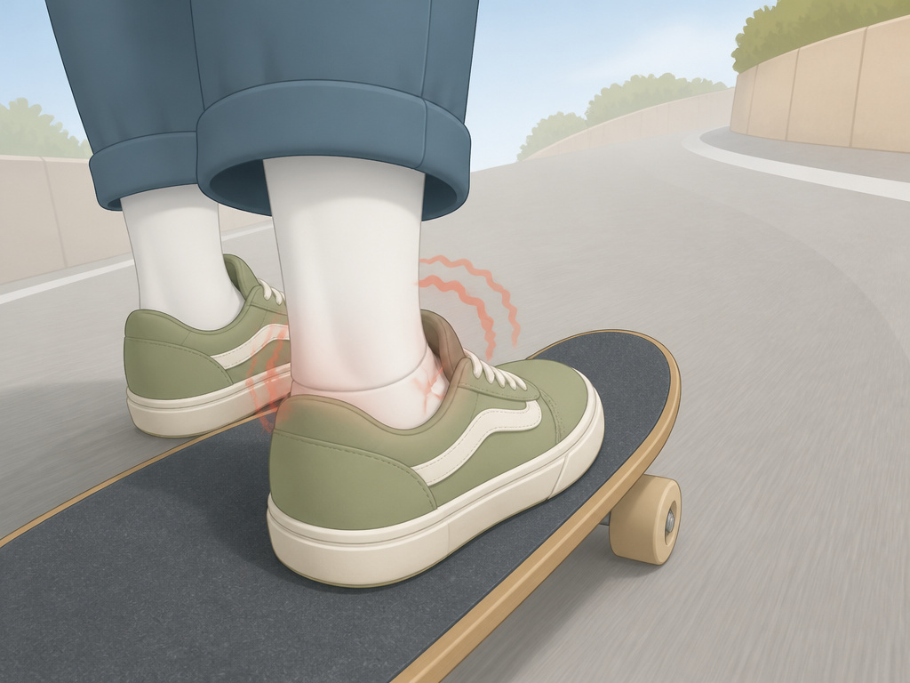 Skateboarder's feet and ankles working for balance during a long-distance skate.