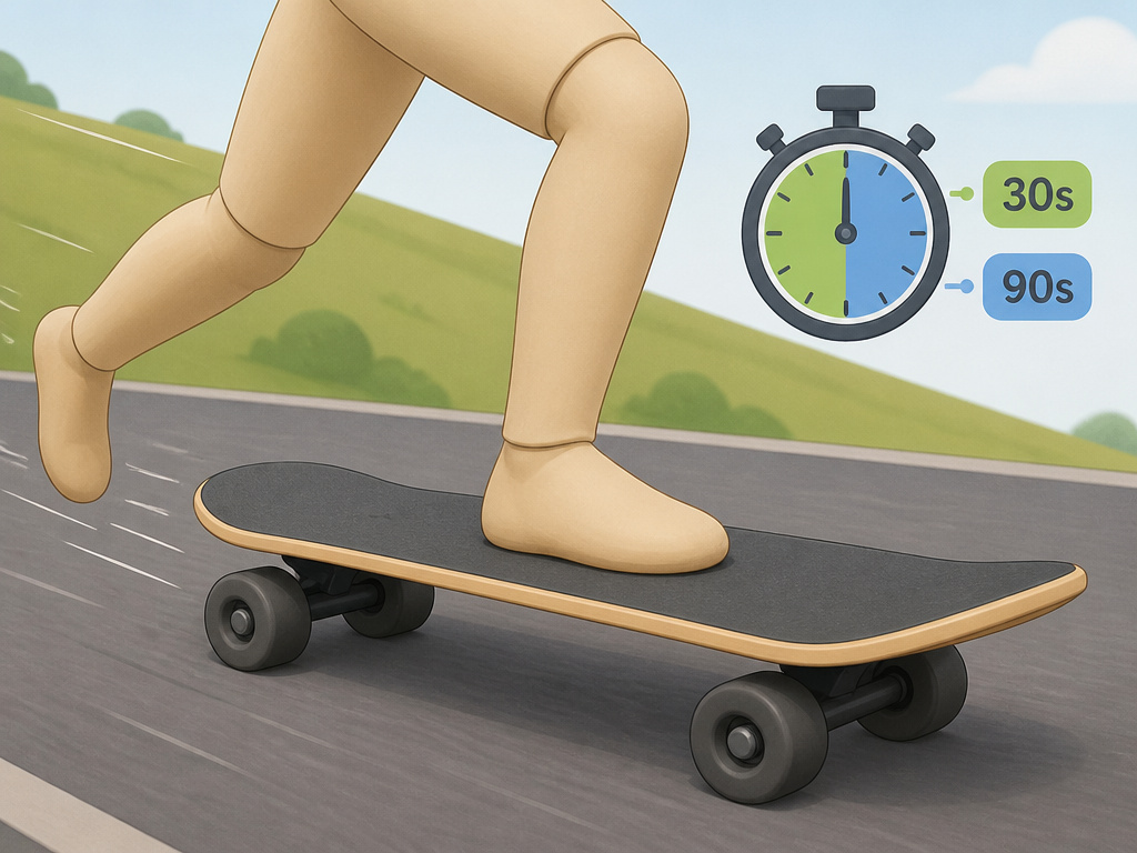 Faceless skater performing interval training on a wide, stable skateboard for weight loss