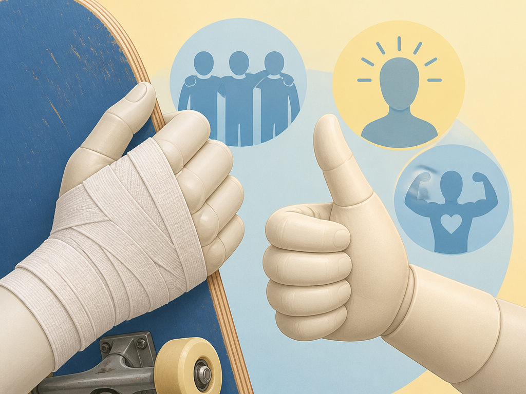 Bandaged skateboarder's hand giving a thumbs-up over benefit icons.
