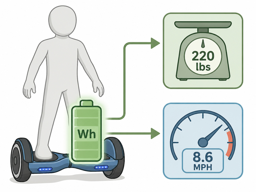 Diagram comparing hoverboard battery watt-hours, weight limit, and speed for range.