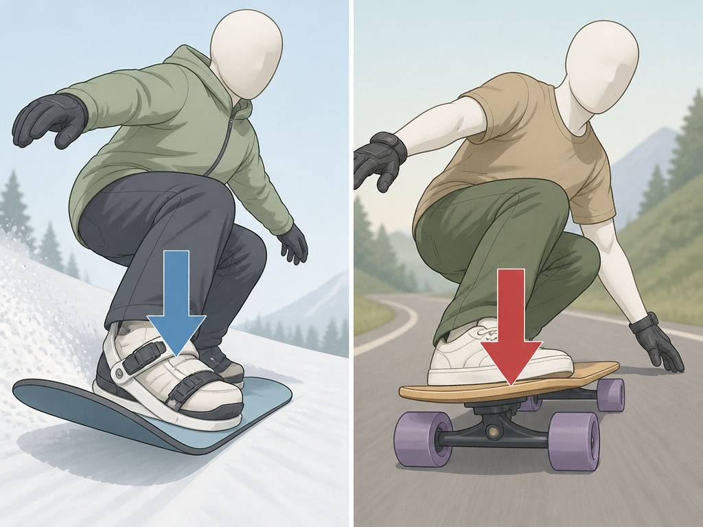 Snowboarder leaning forward versus longboarder weighting the back foot for stability.