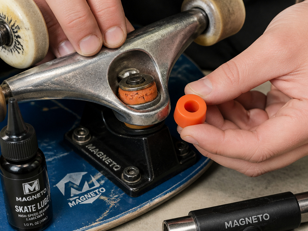 Close-up of worn versus new skateboard bushing replacement for maintenance.