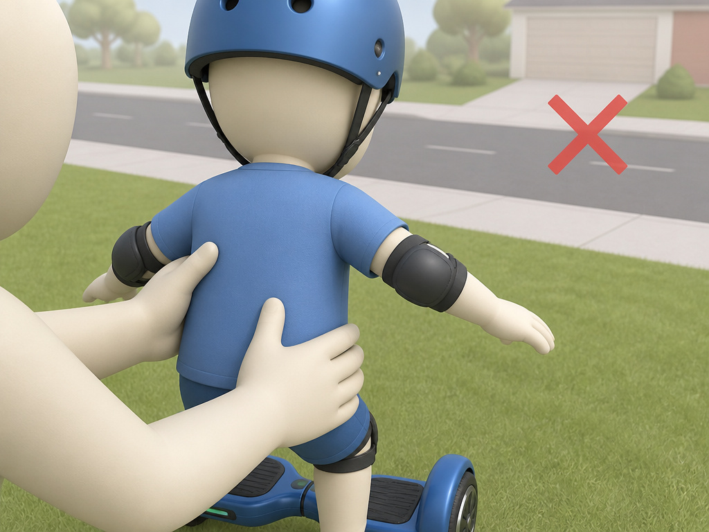 Adult supervising child on hoverboard in safe grassy area, avoiding streets.