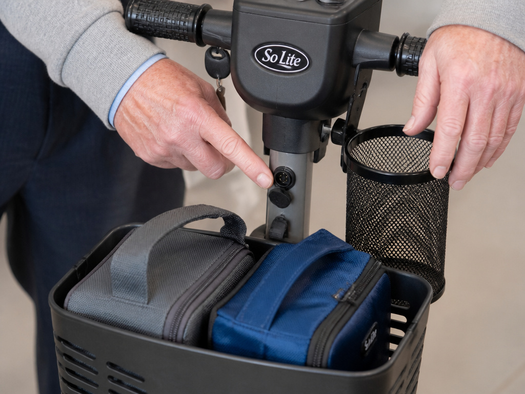 So Lite scooter accessories: charging port, drink holder, and storage bags.
