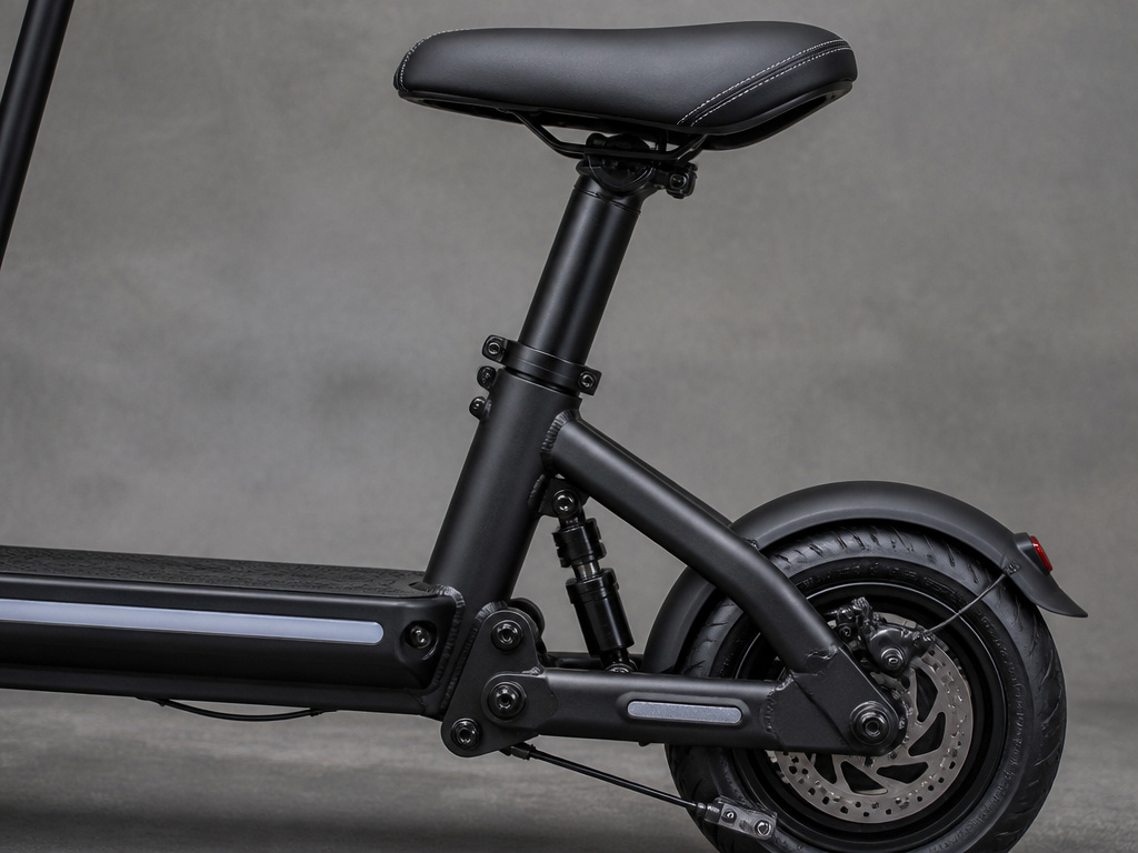 Close-up detail of an integrated electric scooter seat and elongated frame design.