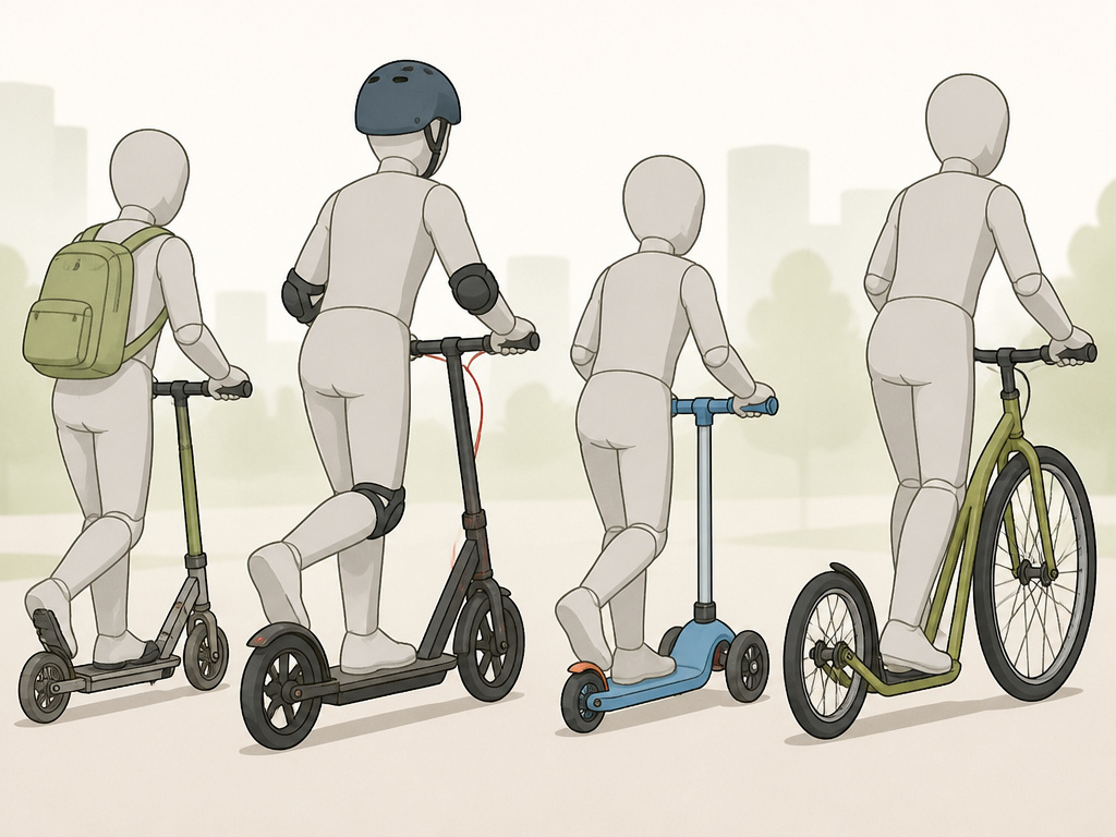 Four main types of kick scooters: folding, pro, three-wheeled, and kickbike.