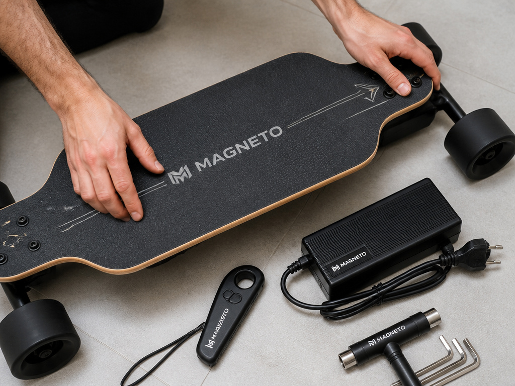 Unboxed Magneto electric skateboard components: board, remote, charger, and tools.
