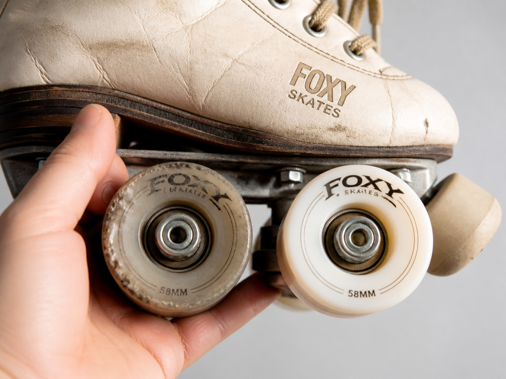 Close-up of worn FoxySkates wheel and boot leather showing warranty exclusions