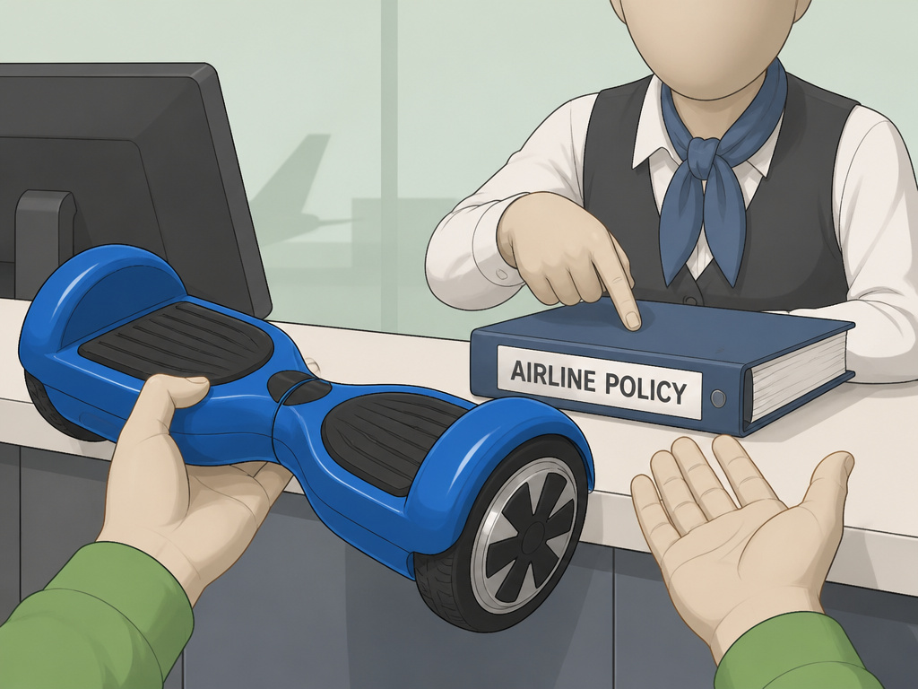 Traveler holding hoverboard at airport check-in counter facing airline policy binder.