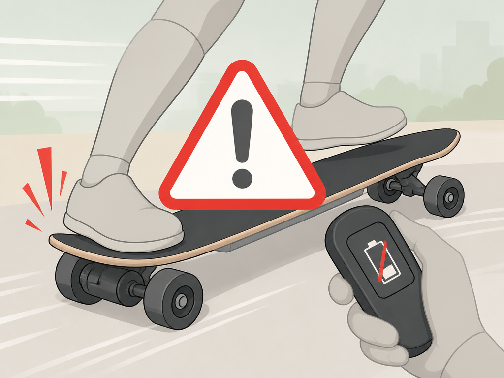 Rider shifting weight to back foot during an electric skateboard brake failure scenario.
