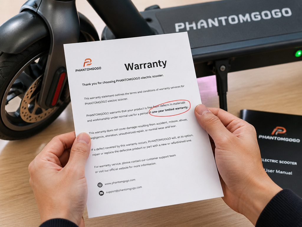 Close-up of Phantomgogo scooter warranty document being inspected
