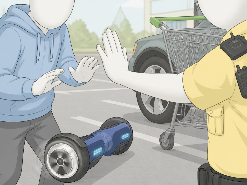 Security guard stopping a hoverboard rider in a private supermarket car park.