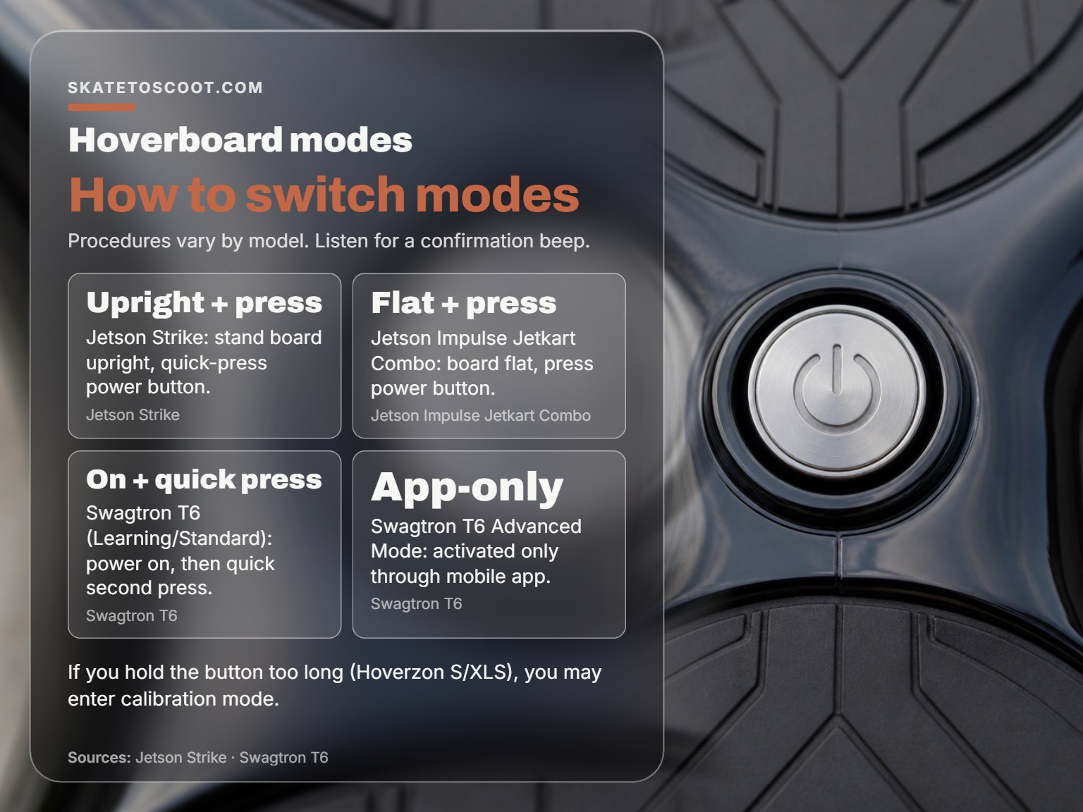 Close-up of a hoverboard power button showing how to change speed modes.