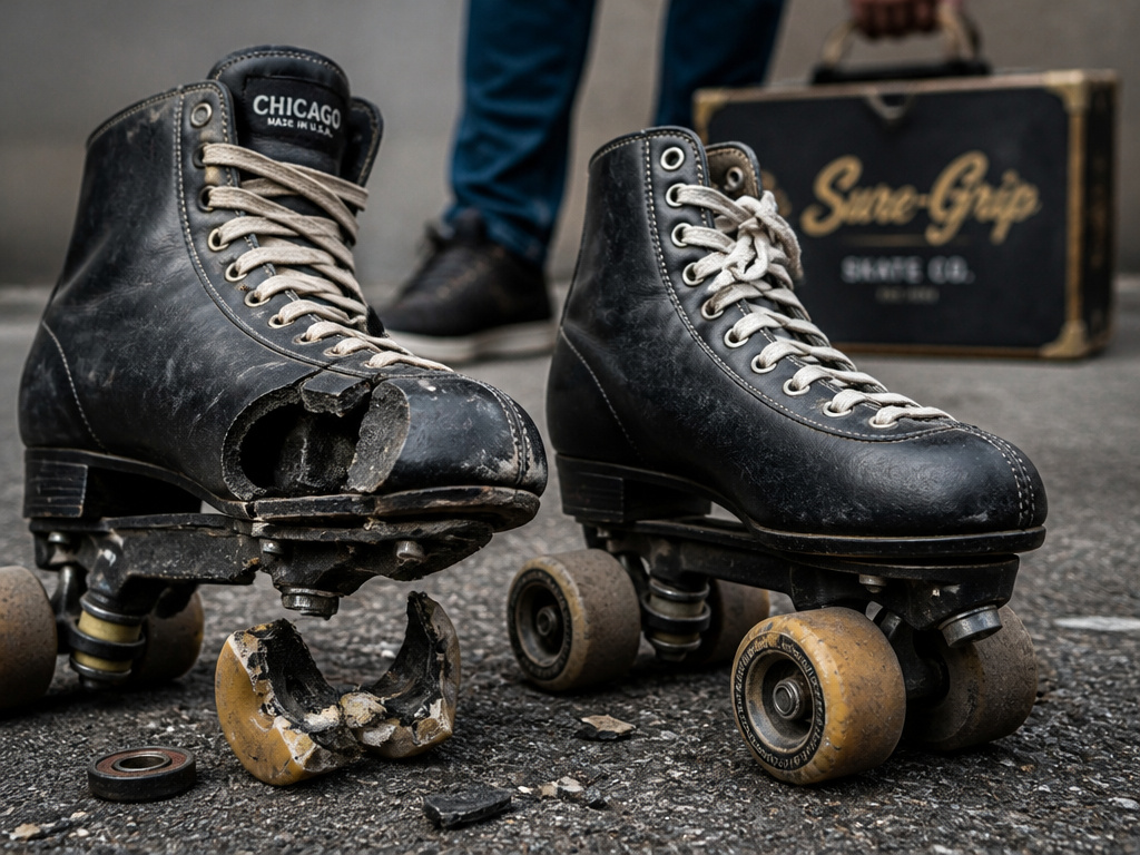 Close-up comparison of broken versus intact Chicago brand roller skates